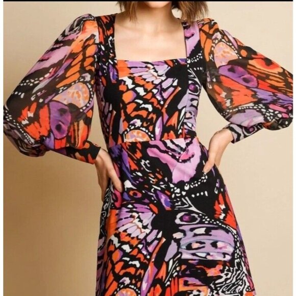 Hutch Anthro Elaine Long-Sleeve Square-Neck Mini Dress Womens 2 Butterfly Swirls - Picture 1 of 16